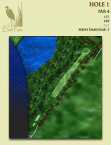 Depicts Elbel’s Hole No. 1, a par 4 that plays 435 yards from the back tees. It is Elbel’s No. 1 golf handicap hole.