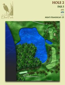 Depicts Elbel’s Hole No. 2, a par 5 that plays 495 yards from the back tees. It is Elbel’s No. 13 golf handicap hole.