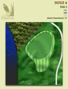 Depicts Elbel’s Hole No.4, a par 3 that plays 165 yards from the back tees. It is Elbel’s No. 17 golf handicap hole.