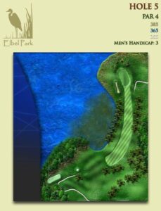 Depicts Elbel’s Hole No. 5, a par 4 that plays 385 yards from the back tees. It is Elbel’s No. 3 golf handicap hole.