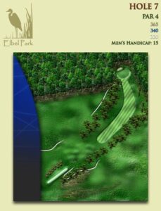 Depicts Elbel’s Hole No.7, a par 4 that plays 365 yards from the back tees. It is Elbel’s No. 15 golf handicap hole.