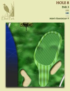 Depicts Elbel’s Hole No. 8, a par 3 that plays 195 yards from the back tees. It is Elbel’s No. 9 golf handicap hole.