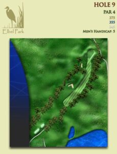 Depicts Elbel’s Hole No. 9, a par 4 that plays 375 yards from the back tees. It is Elbel’s No. 5 golf handicap hole.