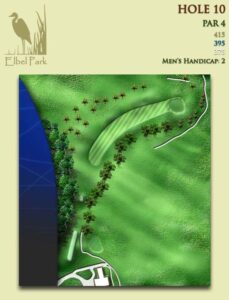 Depicts Elbel’s Hole No. 10, a par 4 that plays 415 yards from the back tees. It is Elbel’s No. 2 golf handicap hole.