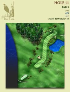 Depicts Elbel’s Hole No. 11, a par 5 that plays 500 yards from the back tees. It is Elbel’s No. 10 golf handicap hole.