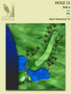 Depicts Elbel’s Hole No. 12, a par 4 that plays 370 yards from the back tees. It is Elbel’s No. 18 golf handicap hole.