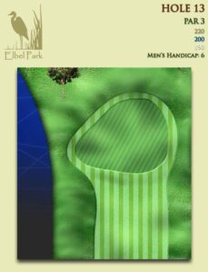 Depicts Elbel’s Hole No. 13, a par 3 that plays 220 yards from the back tees. It is Elbel’s No.6 golf handicap hole.