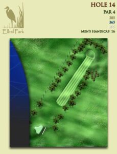 Depicts Elbel’s Hole No. 14, a par 4 that plays 385 yards from the back tees. It is Elbel’s No. 16 golf handicap hole.