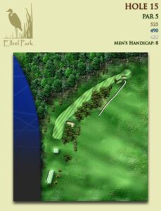 Depicts Elbel’s Hole No. 15, a par 5 that plays 525 yards from the back tees. It is Elbel’s No. 8 golf handicap hole.