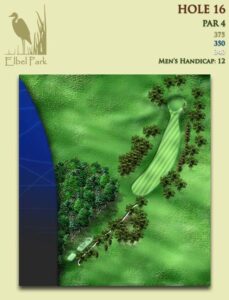 Depicts Elbel’s Hole No. 16, a par 4 that plays 375 yards from the back tees. It is Elbel’s No. 12 golf handicap hole.