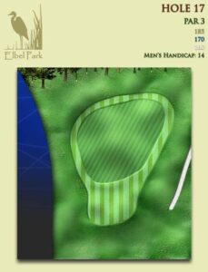 Depicts Elbel’s Hole No. 17, a par 3 that plays 185 yards from the back tees. It is Elbel’s No. 14 golf handicap hole.