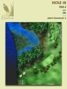 Depicts Elbel’s Hole No. 18, a par 4 that plays 400 yards from the back tees. It is Elbel’s No. 4 golf handicap hole.